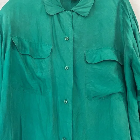 Vintage 80’s Bonjour Green Long Sleeve 100% Silk Plus Size Blouse - Picture 7 of 15
